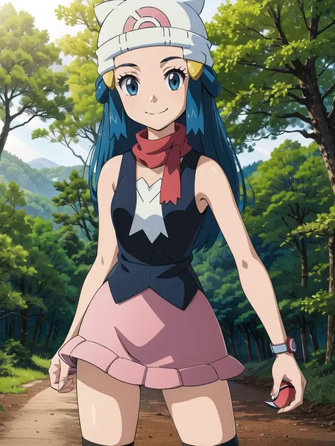 dawn \(pokemon\), forest, light rays, 1girl, solo, cowboy shot, looking at viewer, blue eyes, blue hair, smile, closed mouth, ha...