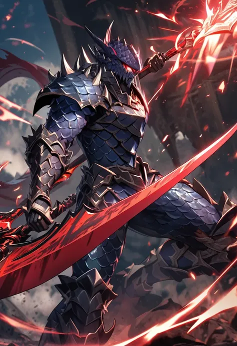 a extremely detailed warrior wearing dark blue colored shark scale armor set with draconic runes wielding a scythe with a crimson blade