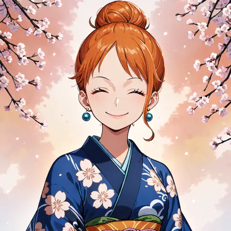 1girl, solo, closed eyes, smile, jewelry, earrings, kimono, japanese clothes, orange hair, nami (one piece), blue kimono, hair up, single hair bun, upper body, hair bun, ((medium quality)), ((medium quality))