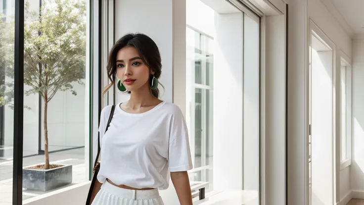 Pose and Outfit: A stylish young woman standing confidently in front of a modern boutique. She wears a white oversized t-shirt tucked slightly into a high-waisted black mini skirt with a front slit. Her ensemble is completed with green sneakers featuring w...