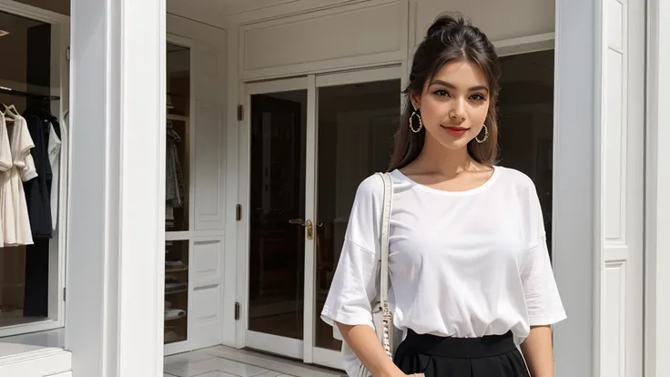 Pose and Outfit: A stylish young woman standing confidently in front of a modern boutique. She wears a white oversized t-shirt tucked slightly into a high-waisted black mini skirt with a front slit. Her ensemble is completed with green sneakers featuring w...