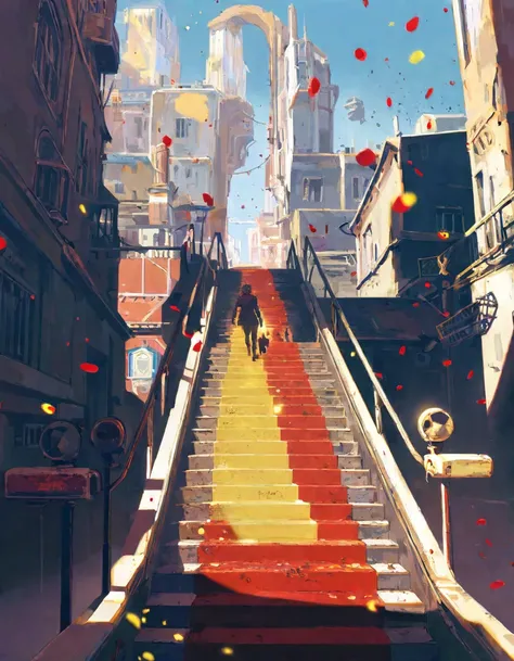 score_9, score_8_up, score_7_up, score_6_up, best aesthetic, Arcane, a person walking down a stairway, long shot, concept art, city in background, great use of color theory, red and yellow colors, particles flying, sunny
