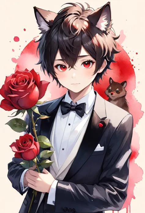 Watercolor elements, 1boy, kemono, furry, detailed body fur, animal face, animal hand, Handsome boy in tuxedo holding a red rose and looking at viewer,