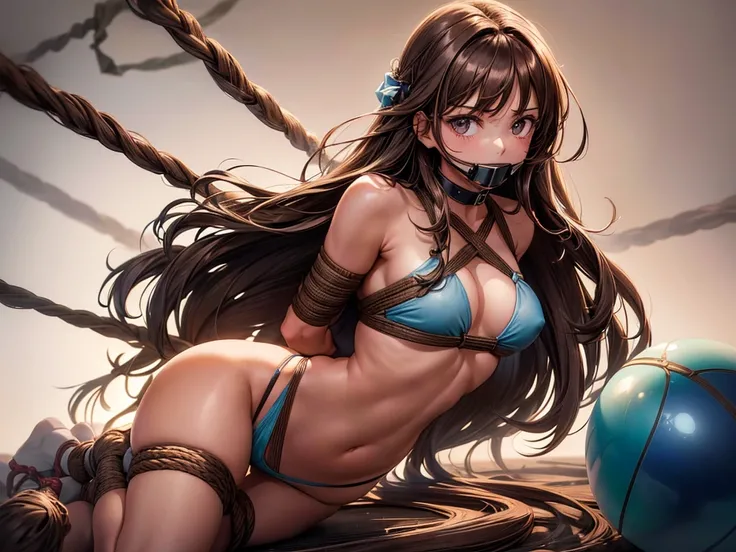 (depict girl surrounded by ropes, long brown hair, straight hair), gymnase, shy, (((bondage))), (((ball gag))), (bound with ropes), (arms behind back), ropes around chest), spread legs, sexy white panty, really nice hips, (Masterpiece, Excellent, complex d...