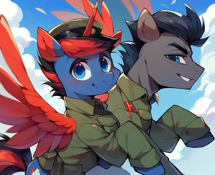 Male alicorn pony with black fur and red hair and blue eyes and red feathers on wings, male pegasus pony with yellow fur and black hair and blue eyes, two subjects, posing for family photo, vietnam-era army uniforms, smiling, wide-angle shot