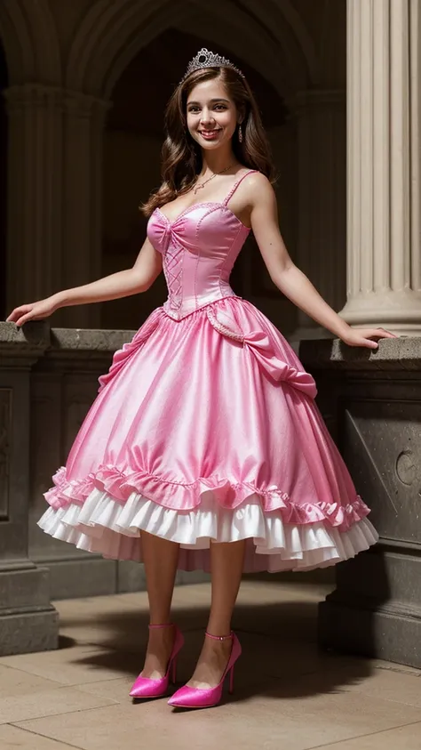 Make a woman wearing a cinderella hot pink princess dress,The woman is brunette, tem 22 anos, usa uma coroa, Palace environment,big breast, hoop skirt, smiling, high heels, 4k, detailded photo, full body
