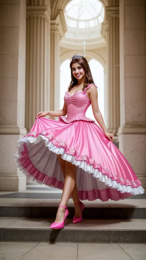 Make a woman wearing a cinderella hot pink princess dress,The woman is brunette, tem 22 anos, usa uma coroa, Palace environment,big breast, hoop skirt, smiling, high heels, 4k, detailded photo, full body
