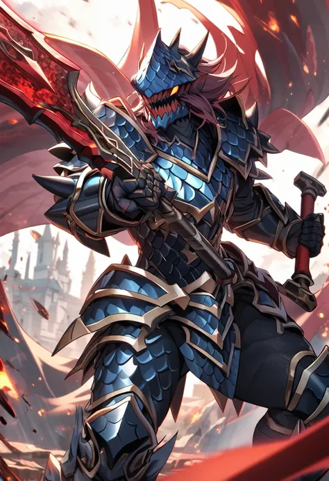 a extremely detailed warrior wearing dark blue colored shark scale armor set with draconic runes wielding 2 sickles with a crimson blade