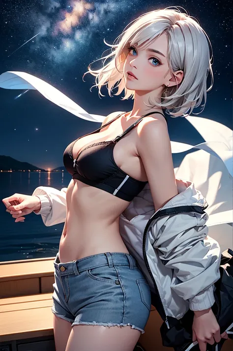 (masterpiece:1.5, Highest quality, Very detailed、 Dutch Angle、Realistic、2.5D、Realistic)(One Girl, Sports Girl)(Silver Hair:1.6,,short hair)(Sports Bra、Jacket:1.5、Shorts、tightedium breasts, Beautiful cleavage,underboob))(from backside),(Beautiful starry sky...