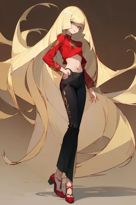 ((Highest quality)), ((masterpiece)), (Familiar), Lusamine,nsfw,Tattoo of the uterus,thin,Long blonde hair,Small breasts,Small breasts,Erect nipples,Adult female,Green Eyes,Slanted Eyes,Red Shirt,No sleeve,Gold embroidery,shoes,Fascinating,Black pants