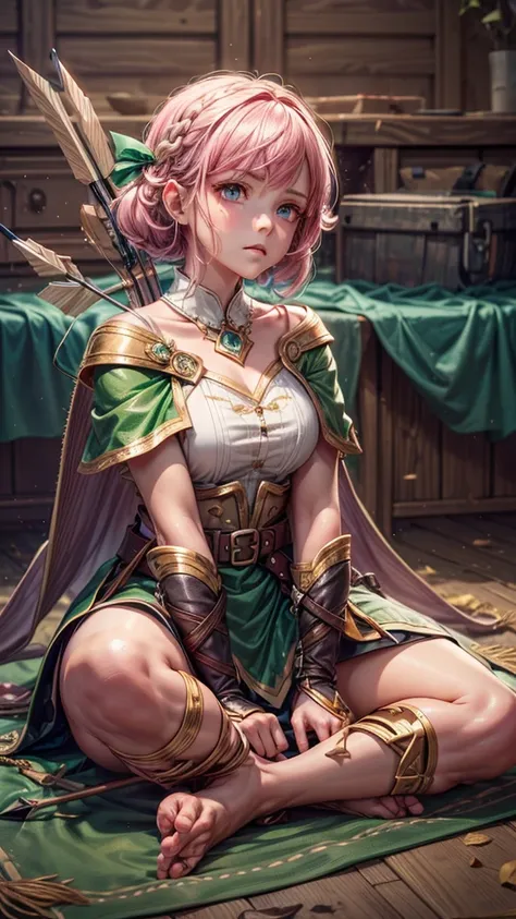 a girl with pink hair in bangs, square cut, determined facial expression, big blue eyes, arrow holder on her back, wearing a green short sleeveless dress, green cape, bare feet, big leather belt, arrows on the ground, bow pose on the floor, sitting on the ...