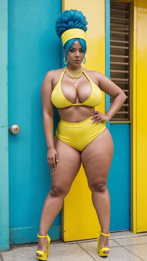 marge simpson, blue hair, red necklace, extra large breasts, cleavage, colored skin, yellow skin, green bikini top, short shorts, angry, open-toe platform high heels, visible feet, thick thighs, thick hips
