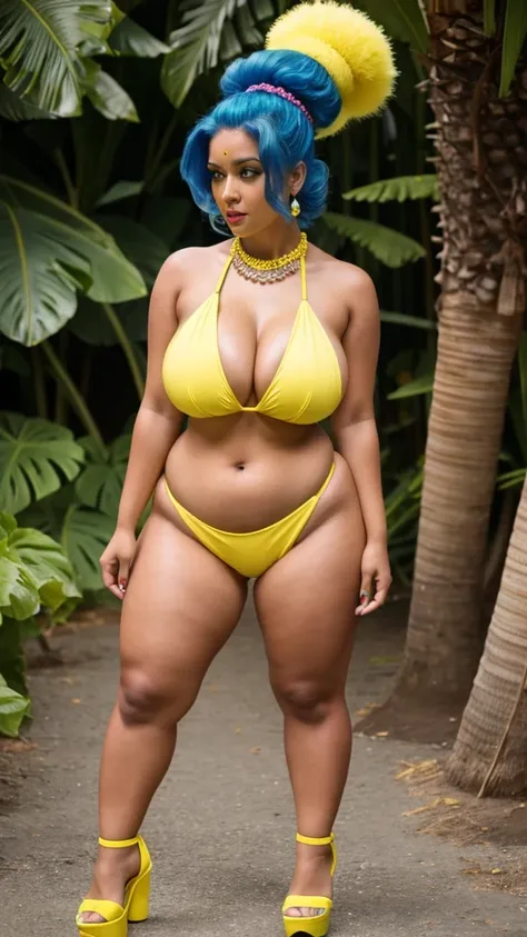 marge simpson, blue hair, red necklace, extra large breasts, cleavage, colored skin, yellow skin, green bikini top, short shorts, angry, open-toe platform high heels, visible feet, thick thighs, thick hips
