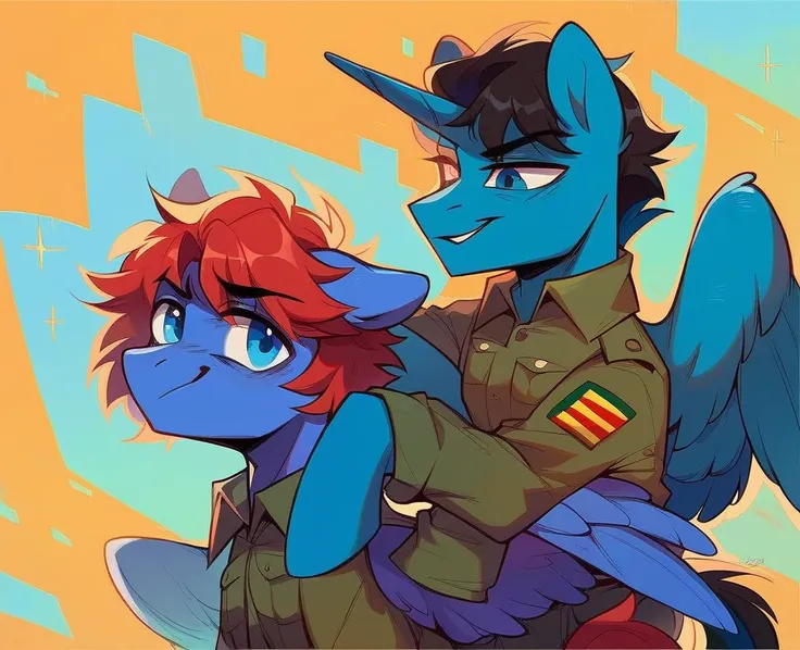 Two subjects; Male alicorn pony with black fur and red hair and blue eyes and red feathers on wings, male pegasus pony with yellow fur and black hair and blue eyes, legs around each other, posing for family photo, vietnam-era army uniforms, smiling, wide-a...