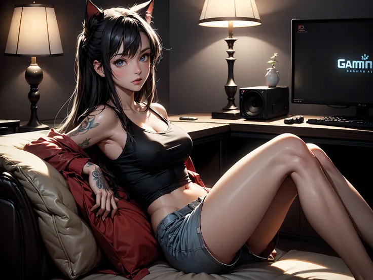 Create a high-quality, detailed image of a beautiful, anime cat gamer girl with tattoos and long hair, beautiful eyes, sitting at her gaming PC in her gaming room. She is wearing a tank top, and sleep shorts, showing her midriff, highlighting her stunning ...