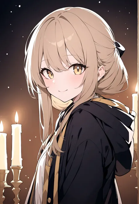 (masterpiece, 32k, 8k) a 17 year old girl, (character looking at the viewer), priestess coat, hood on head, light brown hair, deep golden eyes, (beautiful, heavenly face, cheerful smile 1.5 ), (candlelit hall)