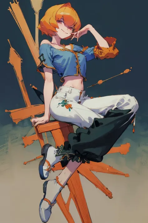 ((Highest quality)), ((masterpiece)), (be familiar with),Clementine,Overload,nsfw,Blue Shirt,No sleeve,Green Embroidery,White shoes,Fascinating,Black pants,Bewitching Smile,whole body