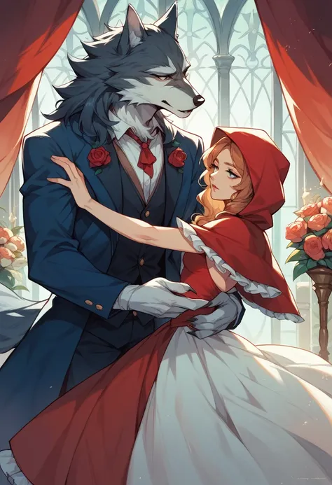 cover_page, fairy tale wedding. red riding hood, wolf man , elegant gown, hunter sharp suit, romantic, lavish decorations, cerem...