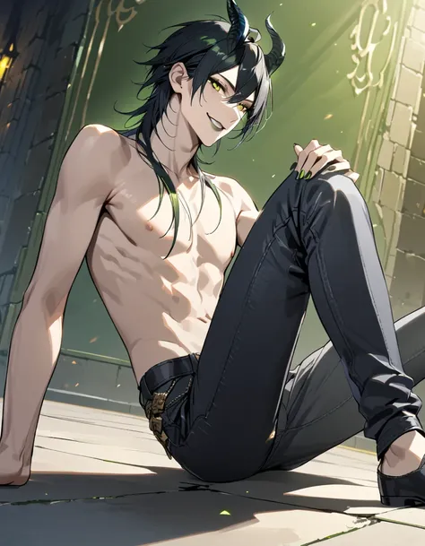 masterpiece, highres, absurdres, illustration, 1boy, sitting on floor, topless, black leather jacket, jeans, dynamic angle, malleus draconia (twisted wonderland) horns, bishounen, boy, male, yana Toboso style, long hair, black hair, yellow green eyes, smil...