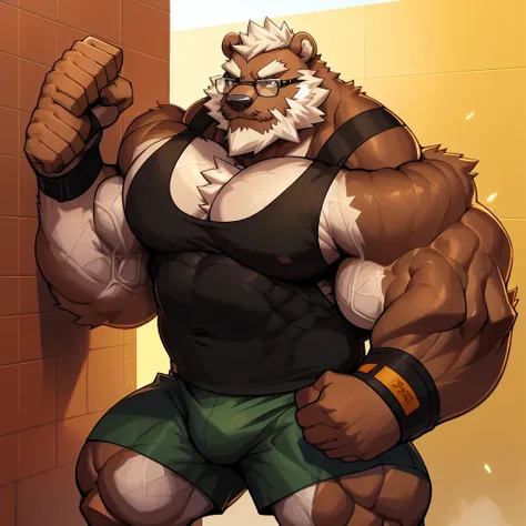 solo, 1boy, Huge Muscular Old Grizzly Bear wearing glasses, correct anatomy, steroid, pectoral, huge pectoral, wide pectoral, short white hair, black gym short pants, black wristbands and black black tank top , bearded, Mustache, golden gym background, mas...