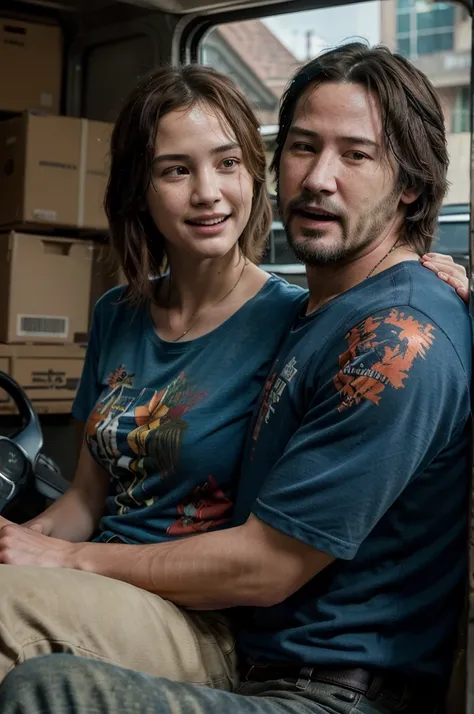 ((best quality)), ((masterpiece)), (detailed), perfect face, Couple, man and woman, laughing, hugged, foreground, Ellie de the Last of us 2 y Keanu Reeves, blue and black wool t-shirt, with orange and red print, inside a truck