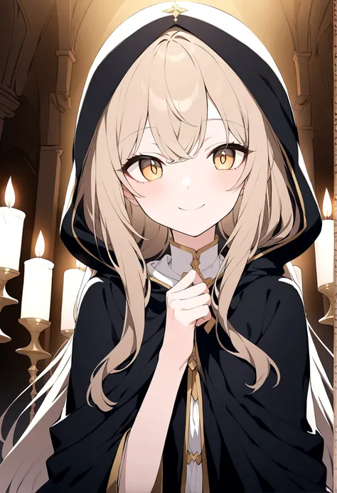 (masterpiece, 32k, 8k) a 17 year old girl, (character looking at the viewer), priestess coat, hood on head, light brown hair, deep golden eyes, (beautiful, heavenly face, cheerful smile 1.5 ), (candlelit hall)