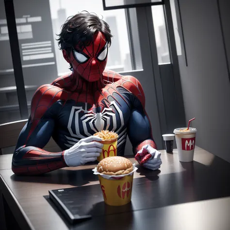 spider man at mc donalds eating big mac and drinking , sitting at a table, best quality 8k, master part, ultra detaild, photo realist, vibrant and intense colors, hight contrast, crisp, clear details.