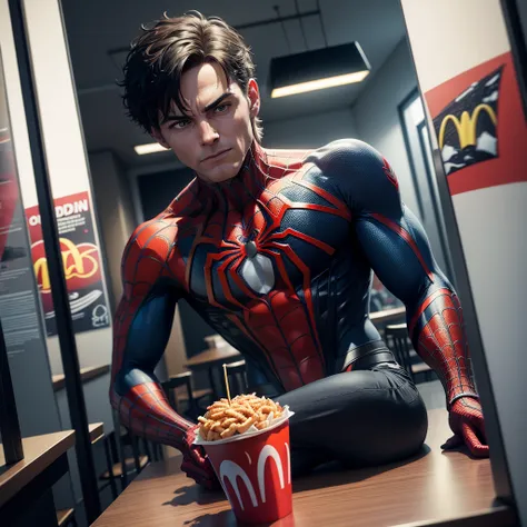 spider man at mc donalds eating big mac and drinking , sitting at a table, best quality 8k, master part, ultra detaild, photo realist, vibrant and intense colors, hight contrast, crisp, clear details.