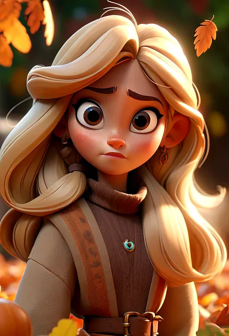 
A photo from a 3D Disney movie of a pretty girl with long, straight blonde hair and blonde highlights. In the Pixar, Disney style, beautiful clear and detailed face, huge brown eyes, adorable. Autumn vibes. Unreal 8k octane rendering engine