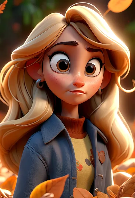 
A photo from a 3D Disney movie of a pretty girl with long, straight blonde hair and blonde highlights. In the Pixar, Disney style, beautiful clear and detailed face, huge brown eyes, adorable. Autumn vibes. Unreal 8k octane rendering engine