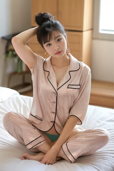 top Quority，Ultra-clear resolution,  ((Beautiful Chinese aunt).   Body.   Sexy.   Slim.   Thin.   Captivating.   Natural face.   No lipstick.   Messy Bun.   ( no Earrings-Earrings).

((Micro panties)),   ((breasted button-up. pajama sleep shirt)),    long ...