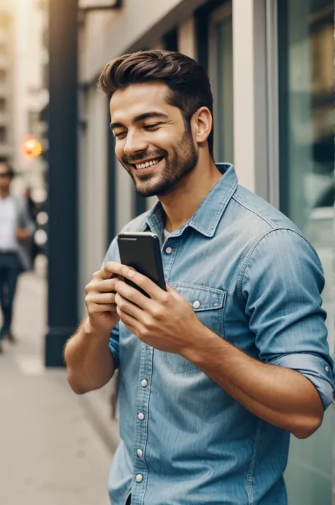 Happy man looking at cell phone 
