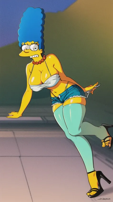 marge simpson, blue hair, red necklace, extra large breasts, cleavage, colored skin, yellow skin, green short bikini top, short shorts, angry, open-toe platform high heels, visible feet, thick thighs 
