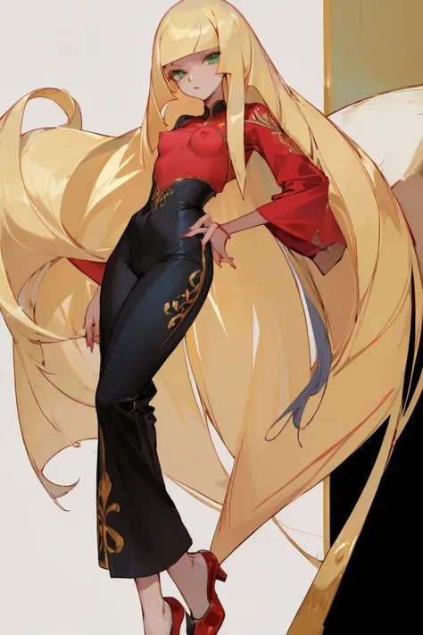 ((Highest quality)), ((masterpiece)), (Familiar), Lusamine,nsfw,Uterus,thin,Long blonde hair,Small breasts,Small breasts,Erect nipples,Adult female,Green Eyes,Slanted Eyes,Red Shirt,No sleeve,Gold embroidery,shoes,Fascinating,Black pants