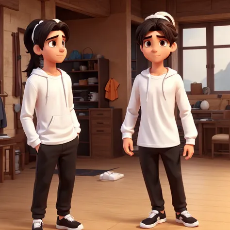  male character, White cap with ponytail hair,white mascara, orange blouse with long sleeves, black pants,black sneakers(male character 