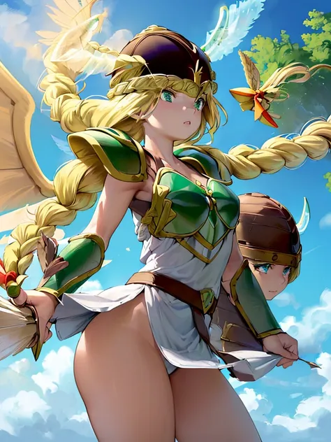 masterpiece,best quality, 1girl, 18yo, beautiful girl,BREAK,(Armor:1.8),(Helmet with wings:1.7),(Beautiful blonde,braid,Green Eyes:1.5),(blue sky:1.4),(She flies in the sky:1.5)