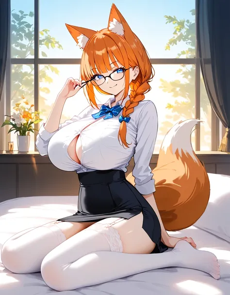 (huge breasts:1.4) (masterpiece) (high quality) (best quality) (1girl), (solo), (slim waist:1.3), (looking at viewer), adorable, bedroom, fox ears, fox tail, black business skirt, stockings, closed white shirt, glasses, smirk, full body portrait, orange ha...