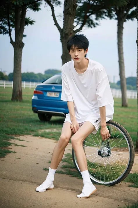 nansheng,1 boy,solitary,wearing white nike socks，socks and feet close-up，male focus,sky空,outdoor,sky,practical,shirt,grass,whole...