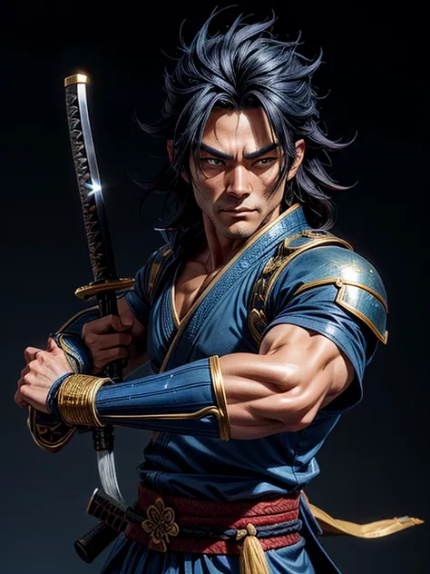 A blue and gold Japanese fantasy man, with Ultra HD, Super Detail, best quality, 8K holding a katana in one hand, he has black samurai hair.