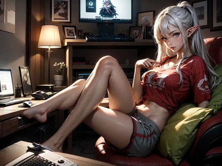 Create a high-quality, detailed image of a beautiful, anime elf gamer girl with tattoos and long hair, beautiful eyes, sitting at her gaming PC in her gaming room. She is wearing a sexy shirt and sleep shorts, showing her midriff, highlighting her stunning...