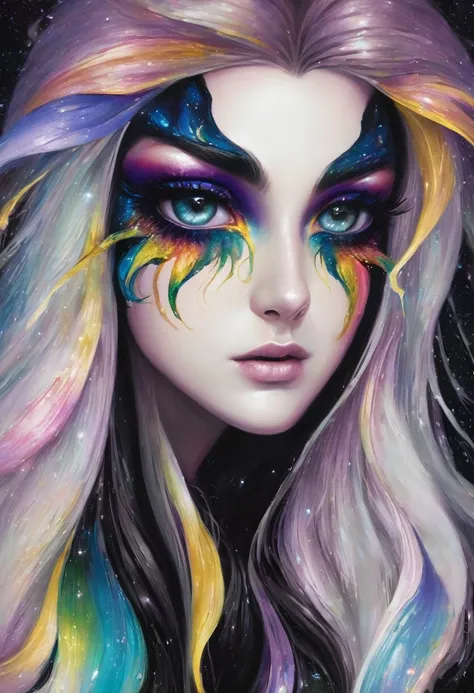 Half-angel, with brightly colored irises, that swirl like galaxies in a jet-black sclera