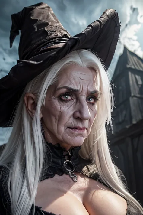 ((best quality)), ((masterpiece)), ((realistic)), (detailed), Very old frightening and scaring witch with scary eyes, (((accentuated big nose))), (((white hair))), witch hat,  ((large breasts)), ((cleavage)), (((mad sky hallucination))), baroque maximalist...