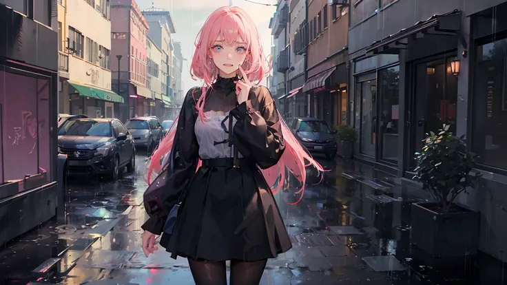 pretty anime girl, 16k quality, masterpiece, ((hyper detail background, delicate pattern, intricate detail)), best quality, intricate detail, chromatic aberration, 1 girl, splashed paint, rose color hair, messy hair, silky hairstyle, black and pink highlig...