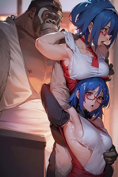 masterpiece, best quality,anime style, 1 girl,(((slender body))), (((small breast))),(((hot pants, white tanktop,red tie,glasses))),(((((a gorilla man grabbing the girl))))), ((((restrained, arms behind back)))),((((cum)))), (beautiful face), (((short hair...