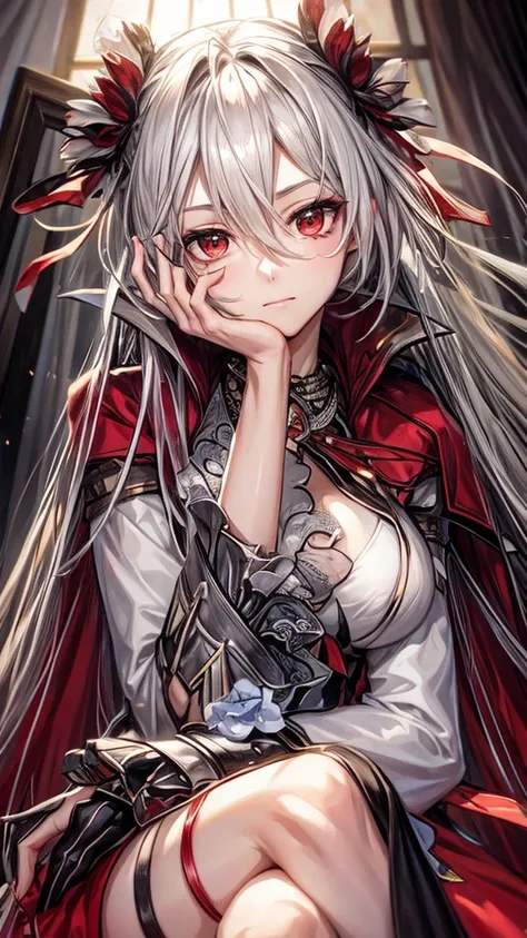 A young woman with long, flowing silver hair and piercing red eyes sits with her chin resting on her hand, gazing thoughtfully at the viewer. She is dressed in a red and black outfit with intricate details and a touch of lace, giving her a sophisticated an...