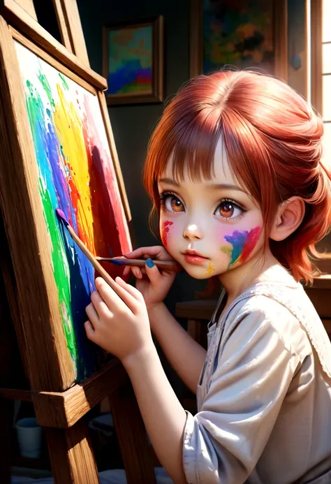 a cute 8 year old girl, redhead, brown eyes, painter, paint covered, painting in her room, detailed eyes, detailed lips, long eyelashes, holding a paintbrush, detailed facial features, photorealistic, realistic, masterpiece, ultra-detailed, 8k, vibrant col...