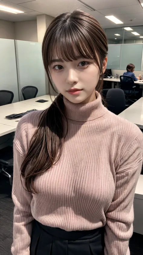 highest quality,Very detailed,finely,High resolution,8k wallpaper,Perfect dynamic composition,20 yo, Office Lady,whole body,Are standing,Pink knitwear,turtleneck,Shedding bangs,updo,finel beautiful eyes,Natural Lip