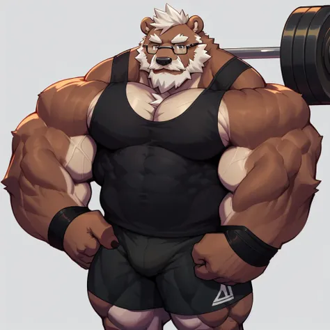 solo, 1boy, Huge Muscular Old Grizzly Bear wearing glasses, correct anatomy, steroid, pectoral, huge pectoral, wide pectoral, short white hair, black gym short pants, black wristbands and black black tank top , bearded, Mustache, simple background, masterp...