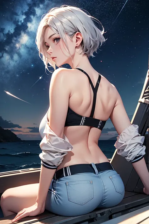 (masterpiece:1.5, Highest quality, Very detailed、 Dutch Angle、Realistic、2.5D、Realistic)(One Girl, Sports Girl)(Silver Hair:1.6,,short hair)(Sports Bra、Jacket:1.5、Shorts、tightedium breasts, Beautiful cleavage,underboob))(from backside),(Beautiful starry sky...