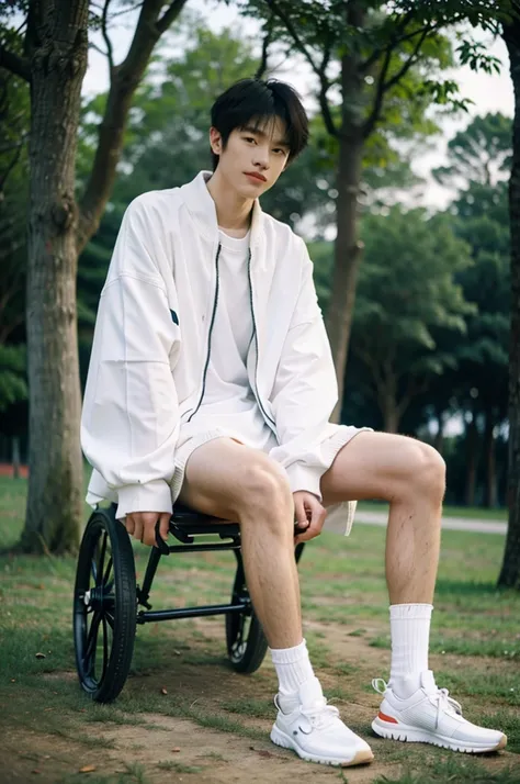 nansheng,1 boy,solitary,wearing white nike socks，socks and feet close-up，male focus,sky空,outdoor,sky,practical,,grass,whole body...